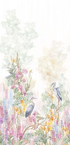 two birds sitting on top of a tree branch in front of some colorful flowers and plants