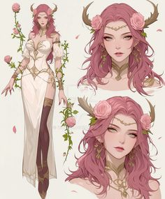 three different views of a woman with horns and flowers on her head, wearing long pink hair