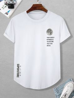 White Casual  Short Sleeve Polyester Graphic Slogan   Slight Stretch Summer Men Tops Man Tshirt Ideas, White Tshirt Design Ideas, New T Shirt Designs For Men 2023, Men T Shirt Design Ideas, Mens Plain T Shirts, T Shirt Design Ideas, Fashion Top Outfits, Tshirt For Men