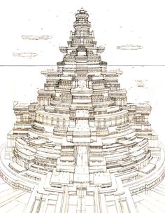 an architectural drawing of a building in the shape of a tower with stairs and arches