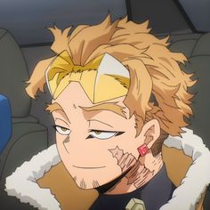 an anime character with blonde hair and glasses on his face, sitting in the back seat of a car