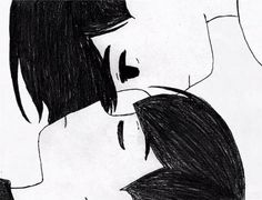 a drawing of two people with their faces close to each other, one is kissing the other