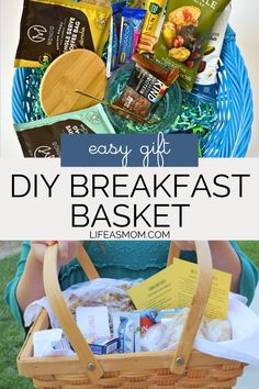 a basket filled with breakfast items and the words, easy gift diy breakfast basket