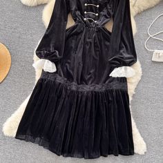 Item Code : YM809 Color : As Photo Size(cm): Free Size Skirt length 107, sleeve length 60, bust 84-100, waist 60-76 The size is measured by hand, and the error of 1-3 cm is within the normal range! Ruffle Velvet Dress, Gothic Clothes, Lace Patchwork, Sling Dress, Photo Size, Festival Dress, Maxi Dress Party, Casual Summer Dresses, Bag Dress