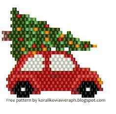 a red car with a christmas tree on it's roof is shown in the shape of a pixel