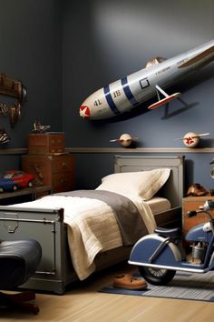 Space-themed toddler boy's bedroom with stars, planets, and rockets. Toddler Bedrooms, Boy Bedroom