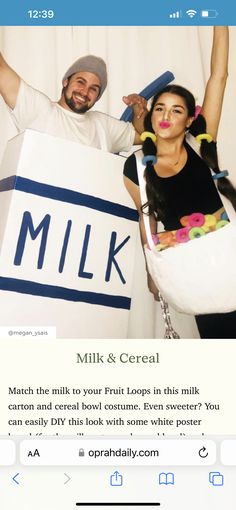 a man and woman dressed up as milk and cereal characters for halloween costume contest on the app store page