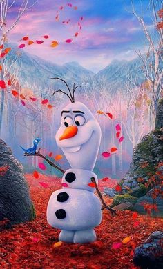 the frozen queen from disney's frozen world is shown in front of fall leaves