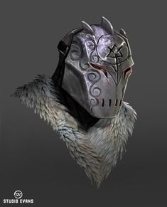 an artistic rendering of a helmet with fur on the shoulders and neck, in grey background