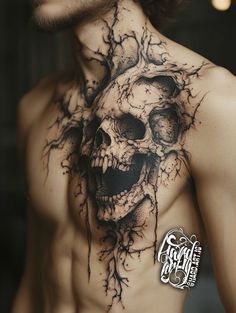 a man with a skull tattoo on his chest