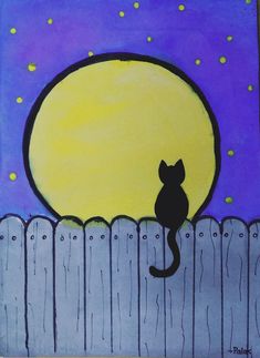 a painting of a black cat sitting on top of a wooden fence looking at the moon