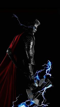 a man dressed as thor is standing in the dark with his cape open and lightning behind him