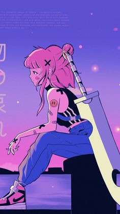 a woman with pink hair sitting on top of a giant sci - fi type object