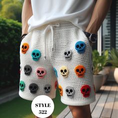 ☠️🌈Crochet for Men Skull Shorts, Skeleton Crochet Short for Men, Colorful Summer Short Mens Gift for Boyfriend, Crochet Rainbow Beach Short, Hand Knit Men Short  SIZE I made it according to the standard men US sizes. Since it's crocheted, it is flexible. So, it can fit more than one size. If you still need different size, please reach out me!   YOU CAN CHOOSE CUSTOMIZED COLORS FOR YOUR SHORT   If you want your short with different color combinations, please message me. I'll try to make the perfect crochet shorts for you.  Custom orders always welcome.  DELIVERY Delivery usually takes: - USA - 2-4 business days - Canada - 3-5 business days - Europe Region - 1-4  business days - Australia - 4-6 business days - Japan - 4-6 business days 🚀 Every Product You Buy is Sent as Express Cargo 🚀 I Men Crochet Outfits, Crochet Shorts For Men, Men’s Crochet, Crochet Boyfriend Gift, Crochet For Boyfriend, Boyfriend Crochet, Crochet For Men, Skeleton Crochet, Skull Shorts