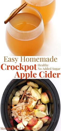 an apple cider is next to a crockpot with apples and cinnamon sticks