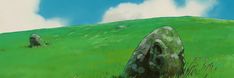 a painting of an old stone circle in a grassy field with blue sky and clouds