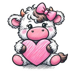 a drawing of a cow with a heart on it's nose and bow around its neck