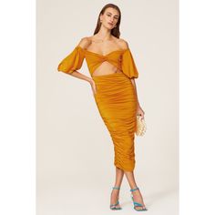 Orange jersey (95% Polyester, 5% Spandex). Sheath. Sweetheart neckline. Short sleeves. Back zipper closure. 39" from bust to hemline. Imported. Fitted Off-shoulder Midi Dress, Naira Dress, Orange Jersey, Tulum Wedding, Midi Dress Style, Ruched Skirt, Rent The Runway, Wedding Cocktails, Wedding Guide