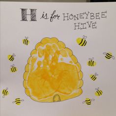 a drawing of a beehive with bees around it and the words h is for honeybee hive