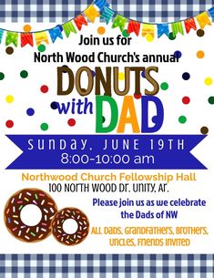 a flyer for a church event with donuts on the table and bunting around it