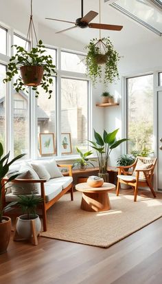 a living room filled with furniture and lots of plants on top of windowsills