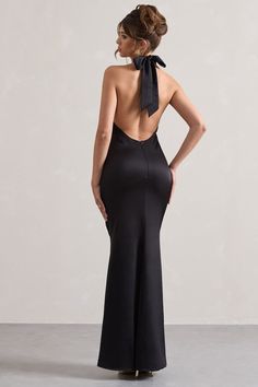 Unbeatable Black Satin Cross Over Halter-Neck Maxi Dress – Club L London - USA Satin Halter Neck Dress, 21st Photoshoot, Backless Satin Dress, Backless Evening Gowns, Gala Dress, Goal Board, Bridesmaid Attire, Dress Display, Club L London