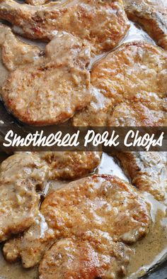 some meat and gravy are cooking in a skillet with the words, smothered pork chops