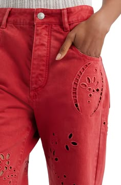 Five-pocket jeans cut from nonstretch denim and finished in a faded wash are embroidered with airy eyelet sprigs that catch the breeze. 29 1/2" inseam; 17" leg opening; 12 1/2" front rise; 14 1/2" back rise (size 40FR) Zip fly with button closure Five-pocket style Partially lined 100% cotton Machine wash, dry flat Imported Designer Clothing Denim Embroidery, Shell Pink, Sewing Embellishments, Crochet Vest, Stacked Jewelry, Button Cardigan, Embroidered Jeans, Half Zip Pullover, Flowy Skirt