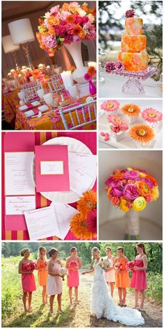 bright pink and orange wedding color palettes for the bride's bouquet, flowers, and cake