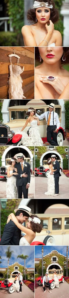 a collage of photos showing the bride and groom kissing in front of their wedding car