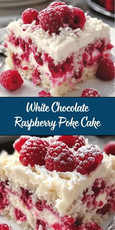 white chocolate raspberry poke cake on a plate