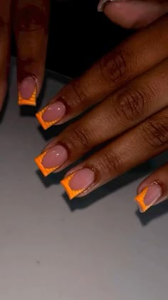 Orange Nails Design Ideas, Orange Short Nails Ideas, Coloured French Tip Acrylic Nails, Orange Square Acrylic Nails, Body Suit Outfits Black Women, Nail Ideas Black Women, Summer Nails Black Women, Mommy Nails, Volleyball Picture