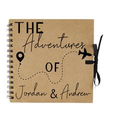 the adventures of jordan and alderay notebook with black ink on brown paper, featuring an airplane