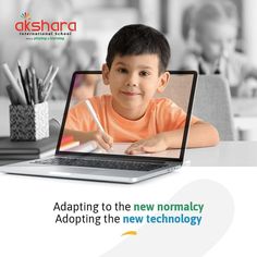 a young boy sitting in front of a laptop computer with the caption adapting to the new normalacy adopting the new technology