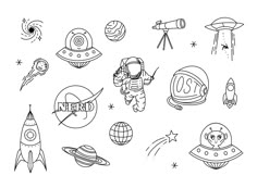 an image of space related items in black and white