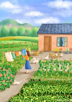 a painting of a woman tending to her chickens in a garden with a house and mountains in the background