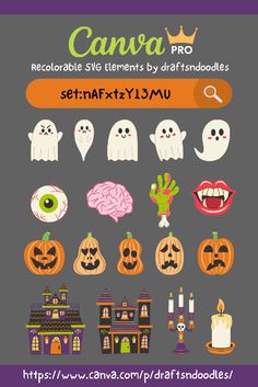 an image of halloween icons with text that reads, canva pro recolotable elements by