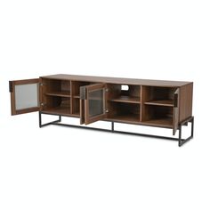 the sideboard is made from wood and has two doors, one open to reveal an area for storage