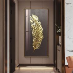 a large gold leaf is hanging on the wall in an elegant hallway with marble flooring