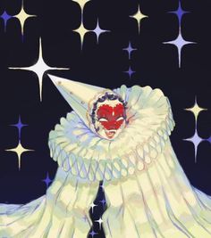 an artistic painting of a white angel with red lips and stars in the sky behind it