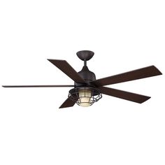 a ceiling fan with a light on top of it and a cage around the blades