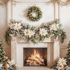 a fireplace decorated for christmas with wreaths and poinsettis