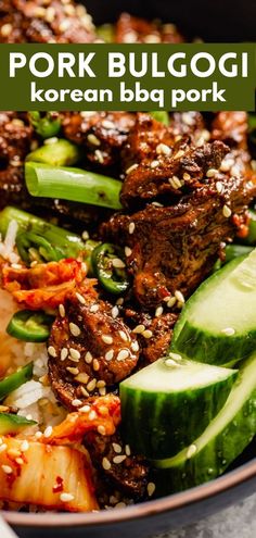 a bowl filled with meat and vegetables covered in sesame seeds