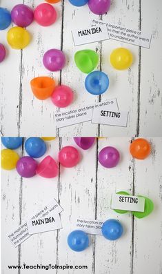 several different colored balloons on a white wood background with words describing the meaning of each balloon