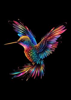 a colorful hummingbird flying in the air with its wings spread out and it's beak