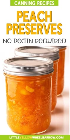 three jars filled with peach preserves sitting next to each other