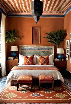 a bedroom with an orange wall and white bedding, two planters on either side of the bed