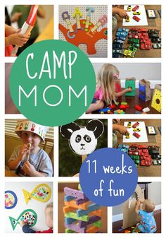 a collage of pictures with the words camp mom written on them and images of children playing