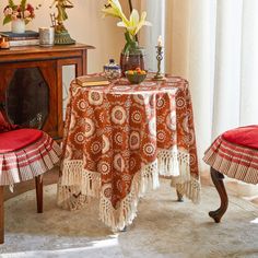 a table with a red and white cloth on it