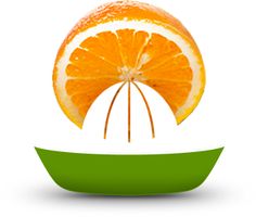 an orange being squeezed into a green bowl